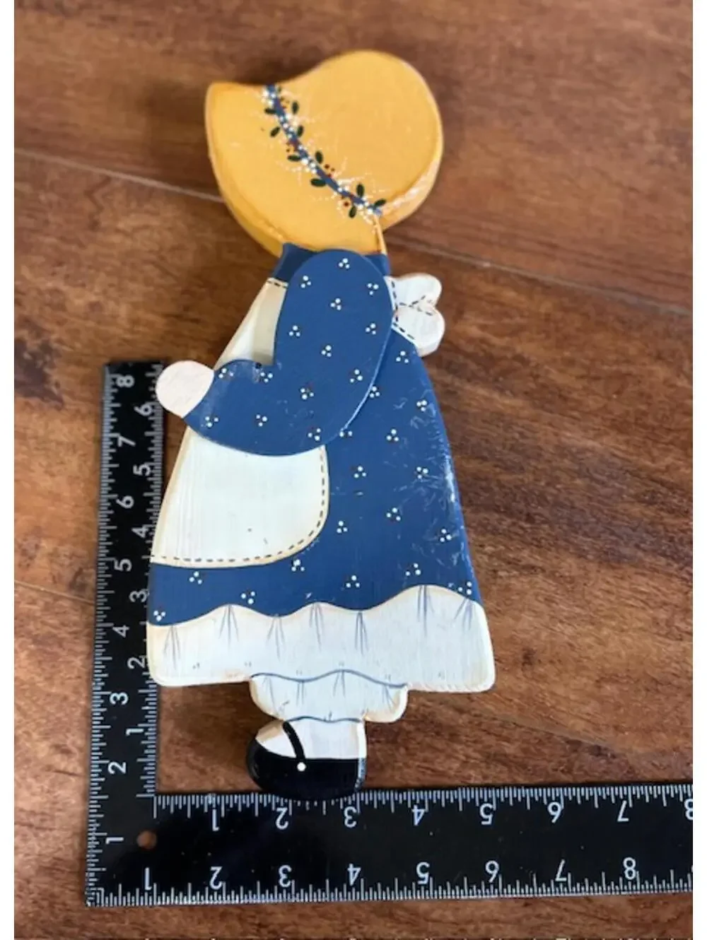 Vintage Wooden Wall Hanging Girl Figurine with Painted Dress and Hat